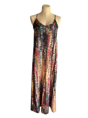 Nicole Miller Multicolor Satin Watercolor Slip Maxi Dress
